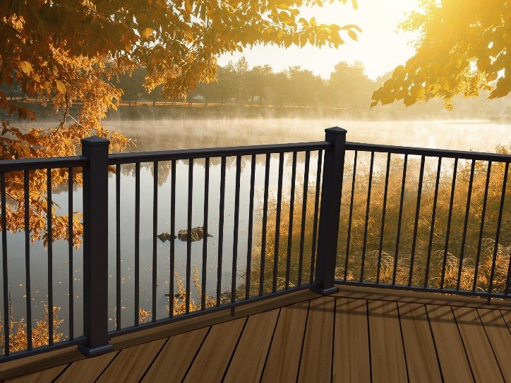 Aluminum railing with slim pickets at sunrise Aluminum railing with slim pickets at sunrise