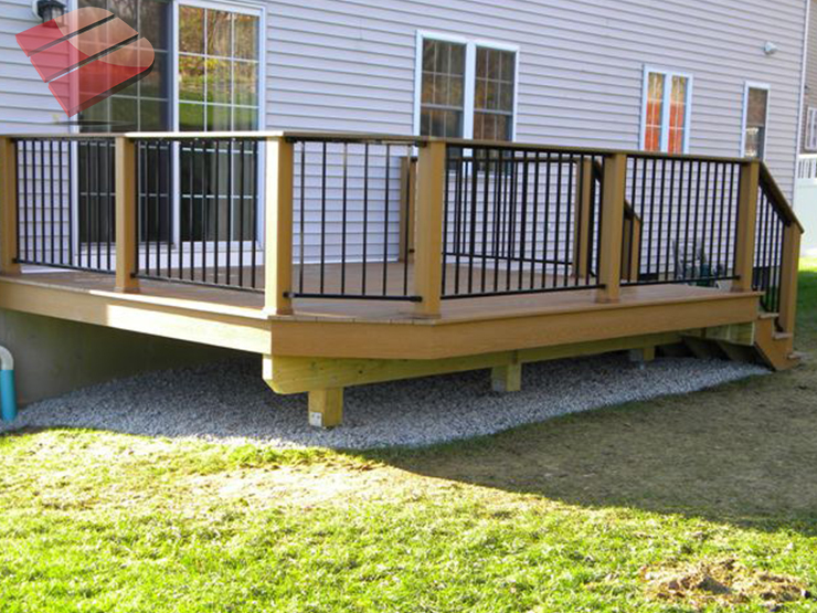 This image features railing infill section made of durable galvanized iron and powder coated black with unique detail.