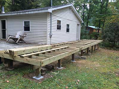 Footings installed and deck ready for decking boards. Footings installed and deck ready for decking boards.