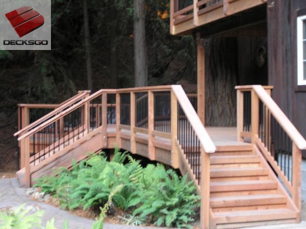 Cedar deck with black aluminum balusters.