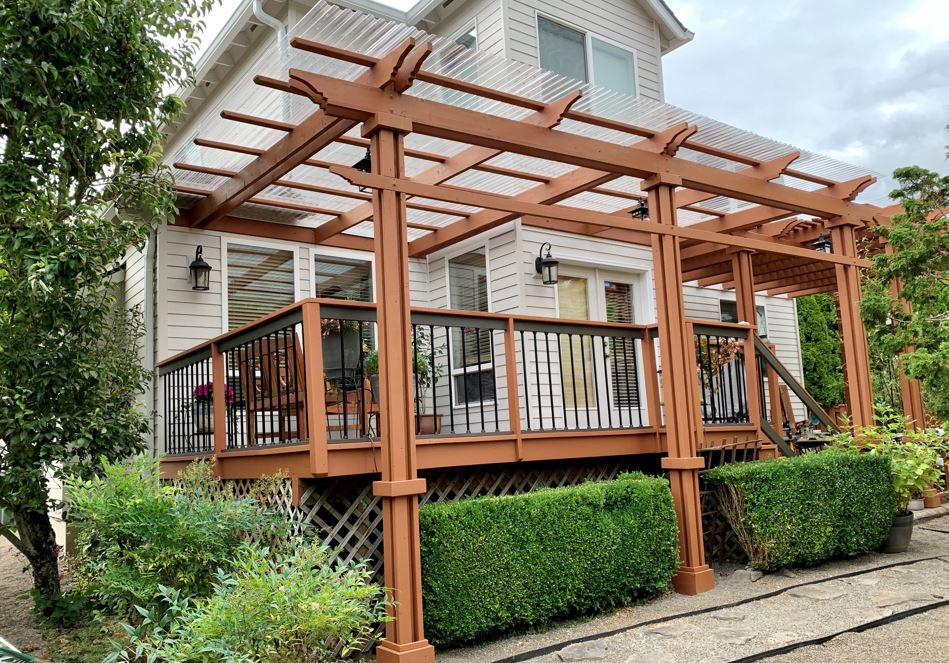 Finished wood deck railing and pergola makeover