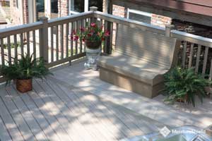 Pale gray composite boards with highlighted grain and built in bench seat Pale gray composite boards with highlighted grain and built in bench seat