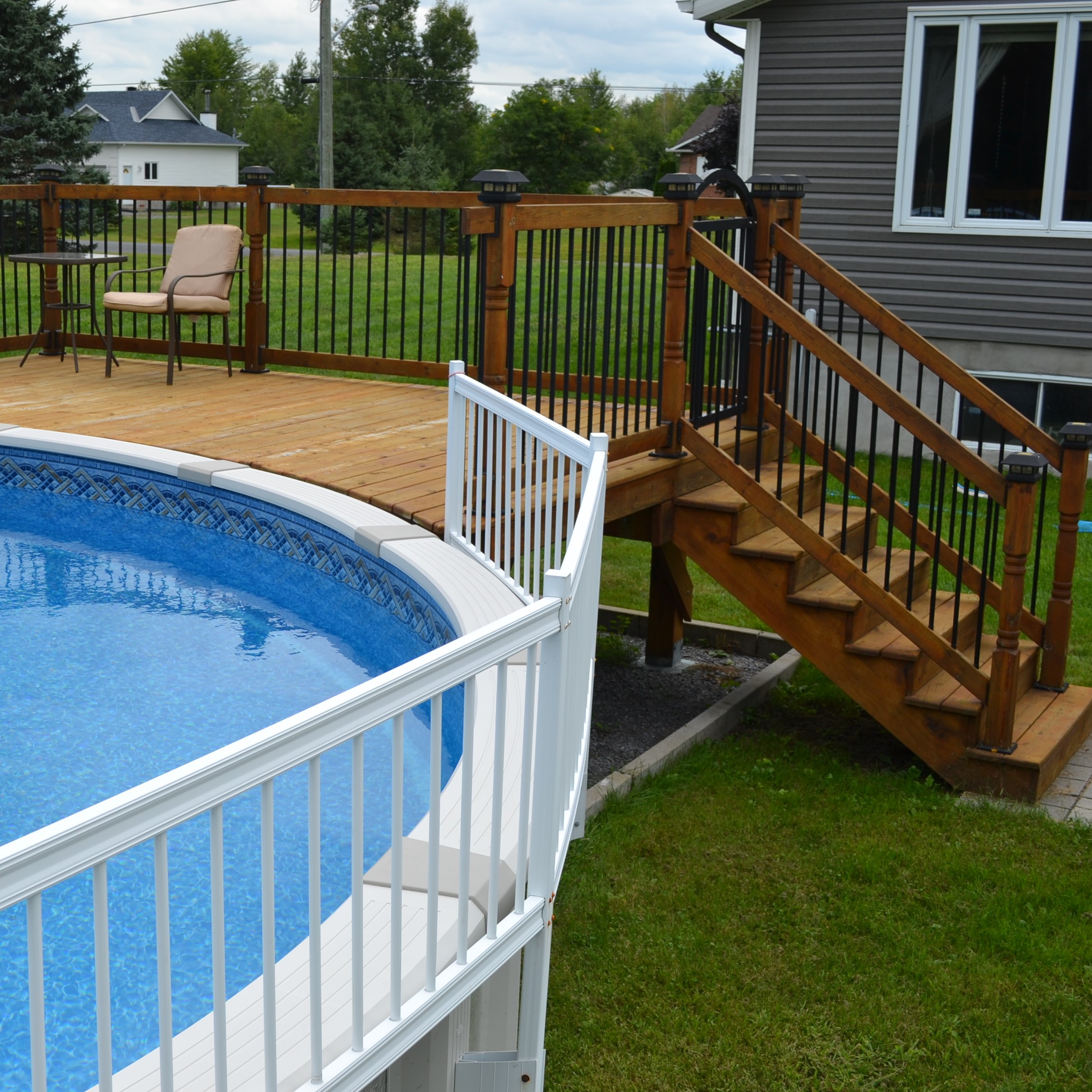 An above ground pool deck